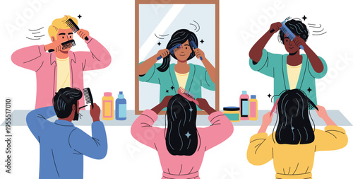 Diverse group of people combing and styling hair in front of mirrors for daily morning routine lifestyle vector illustration