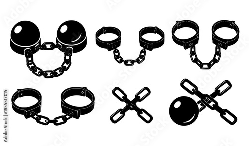 Handcuffs and Shackles Icon Set with Chains, Ball and Chain, and Restraint Symbols for Prison, Law Enforcement, and Justice Vector Illustration