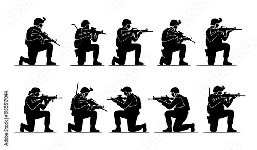Military Soldier Combat Silhouette Set with Tactical Shooting Poses, Armed Forces Personnel, and Rifle Aiming Positions for Army and Defense Vector Illustration