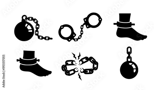 Prison and Crime Icon Set with Handcuffs, Shackles, Ball and Chain, and Jail Symbols for Law Enforcement and Justice Vector Illustration