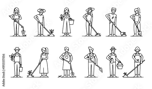 Gardening People Line Icon Set with Planting, Watering, Lawn Care, and Outdoor Work Activities for Agriculture and Nature Vector Illustration