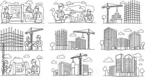 Construction engineering and architectural line art vector set featuring builders with blueprints cranes skyscrapers and urban building development icons