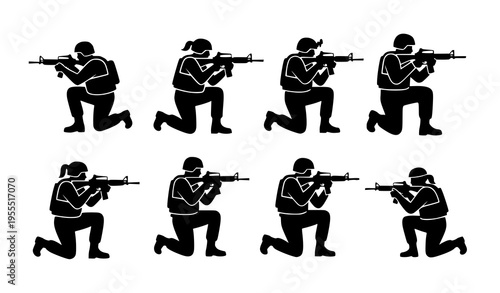 Military Soldier Kneeling Shooting Silhouette Set with Tactical Combat Poses, Armed Forces Personnel, and Rifle Aiming Positions for Army Vector Illustration