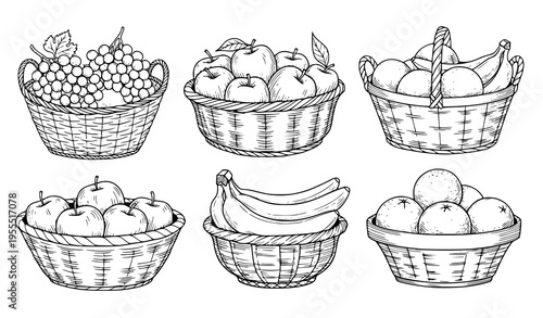 Hand Drawn Fruit Basket Set with Apples, Bananas, Grapes, and Oranges in Wicker Containers for Fresh Organic Food Illustration Vector Collection
