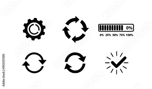 Loading and Refresh Icon Set with Progress Bar, Circular Arrows, Gear Settings, and System Update Indicators for UI, App, and Web Design