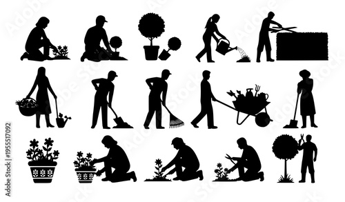 Gardening People Silhouette Icon Set with Planting, Watering, Lawn Care, and Outdoor Work Activities for Agriculture and Nature Vector Illustration