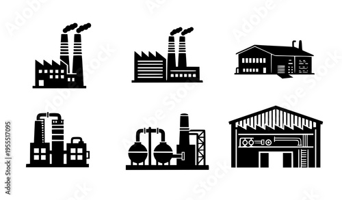 Industrial Factory and Warehouse Icon Set with Manufacturing Plants, Production Facilities, and Industrial Buildings for Business and Infrastructure Vector Illustration