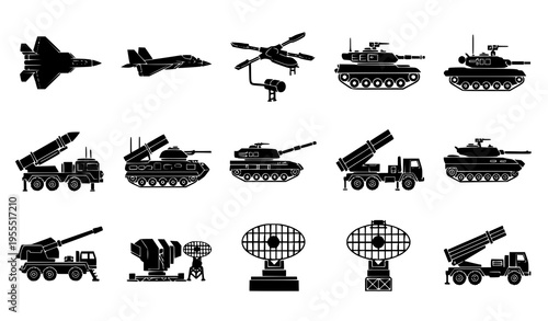 Military Equipment Icon Set with Fighter Jets, Tanks, Radar Systems, Missiles, and Defense Vehicles for Army, War, and Tactical Operations Vector Design