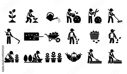 Gardening and Farming Activity Icon Set with People Planting, Watering, Harvesting, and Cultivating Plants for Agriculture and Outdoor Work Vector Collection