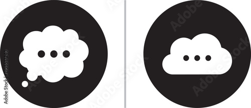 Minimalist vector icon set featuring white thought bubbles and clouds with ellipsis dots inside solid black circles, representing thinking, brainstorming, and digital processing.