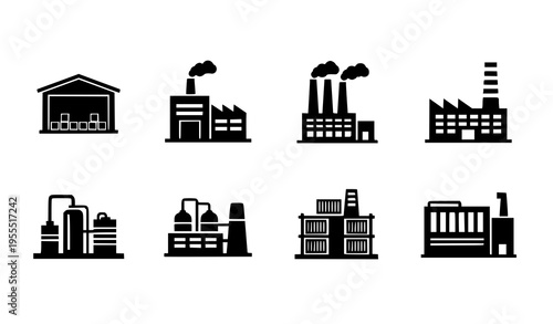 Industrial Factory Icon Set with Manufacturing Plants, Warehouses, Power Stations, and Production Buildings for Industry and Business Vector Illustration Collection