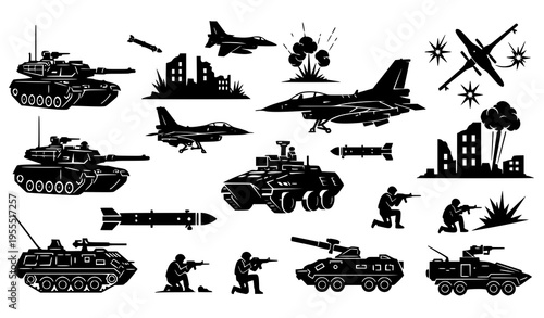 Military Silhouette Icon Set with Tanks, Soldiers, Fighter Jets, Weapons, and War Equipment for Defense, Combat, and Army Vector Illustration Collection
