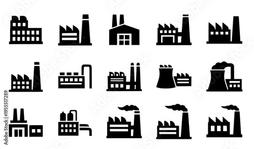 Factory and Industrial Building Icon Set Featuring Manufacturing Plants, Warehouses, Power Stations, and Industry Facilities for Production, Engineering, and Infrastructure Design