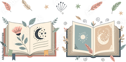 Open magic book vector set with celestial moon sun stars and floral elements in mystical bohemian hand drawn style