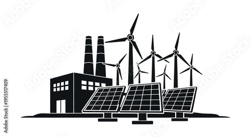 Renewable Energy Power Plant Silhouette with Solar Panels, Wind Turbines, and Sustainable Factory - Green Technology Concept