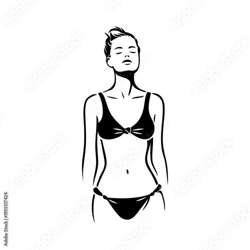 Logotipo con dibujo con líneas de una mujer con bikini de estilo retro, posando de pie con los ojos cerrados 