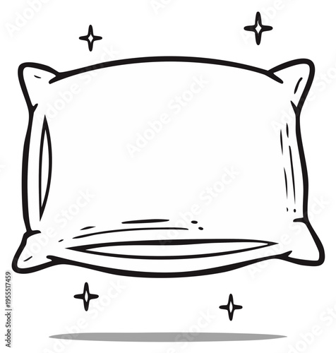 Hand drawn fluffy pillow with sparkles, cartoon black and white line art illustration