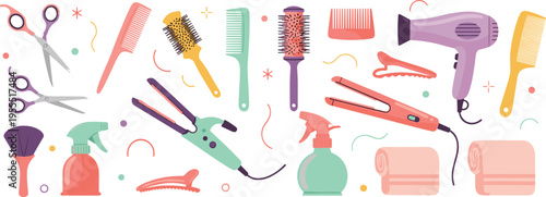 Professional hair salon tool vector set featuring hair dryer scissors brushes curling iron and straightener for beauty and styling design
