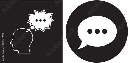 Two black and white vector icons: one featuring a silhouette head with a jagged thought bubble and ellipsis, and another showing a classic oval speech bubble inside a black circle.