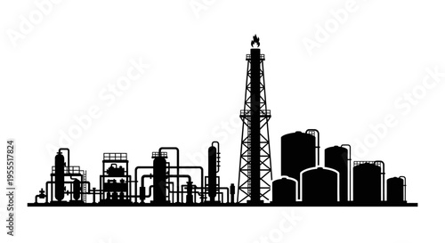 Industrial Oil Refinery and Petrochemical Plant Silhouette with Gas Flare Stack and Storage Tanks. Professional Vector Illustration for Energy and Fuel Industry Concepts.