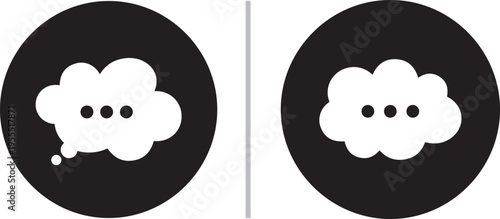 Two minimalist black circular icons featuring white cloud-shaped thought bubbles with ellipsis dots inside. Clean vector design representing thinking, dreaming, or digital chat communication.