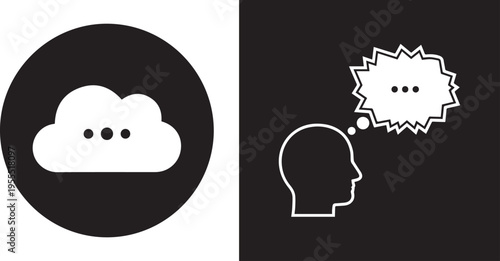Minimalist vector icon set featuring a white thought cloud in a black circle and a profile silhouette with an explosive thought bubble, representing intense thinking or brainstorming.