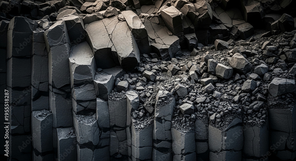 Fototapeta premium Dark grey basalt columns with sharp angular rock fragments, representing geological power, natural strength, and rugged texture