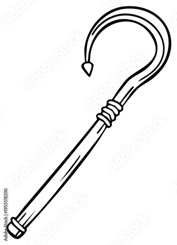 Cartoon walking staff illustration, graphic design element, outline style, black and white