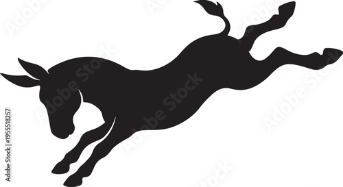 Silhouette of a leaping donkey horse animal in motion, black on white background, animal shape