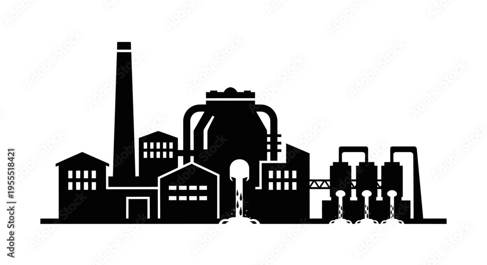 Fototapeta premium Black industrial factory silhouette icon with smokestacks, tanks, and manufacturing buildings isolated on a white background