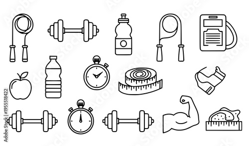 Gym workout line icons set health fitness diet lifestyle symbols modern thin stroke vector eps10