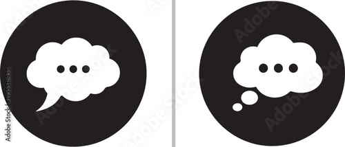 Minimalist vector icon set featuring white speech and thought bubbles with ellipsis dots inside solid black circles, representing chat, thinking, and digital communication.