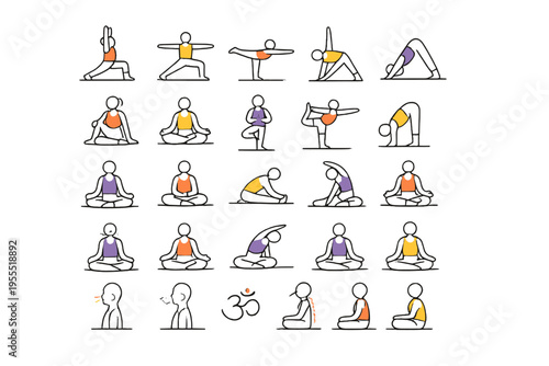 Color Accented Yoga Asanas Collection - Various Yoga Poses for Beginners to Advanced, Fitness and Mindfulness Design