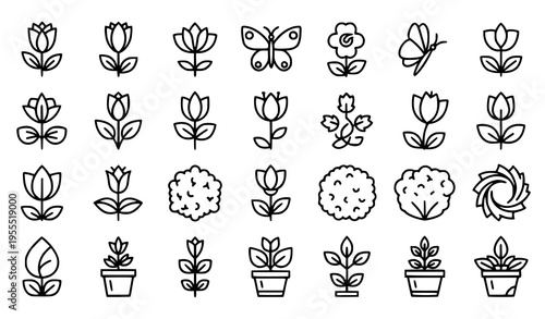 Floral Line Art Icon Set Featuring Various Flowers, Potted Plants, Butterflies, and Botanical Elements for Spring Design, Gardening, Nature Illustration, and Decorative Use