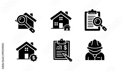 Real Estate and Property Inspection Icon Set Featuring House Search, Clipboard Checklist, Engineer, and Home Investment Symbols for Housing Market and Construction Design