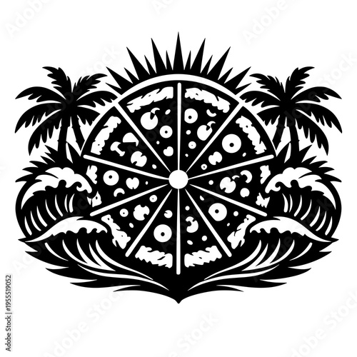 Pizza Slice Wheel with Palm Trees and Ocean Waves – Tropical Pizza Logo