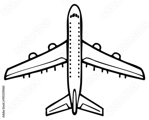 Simple Line Drawing of a Commercial Jet Airplane Seen From Above
