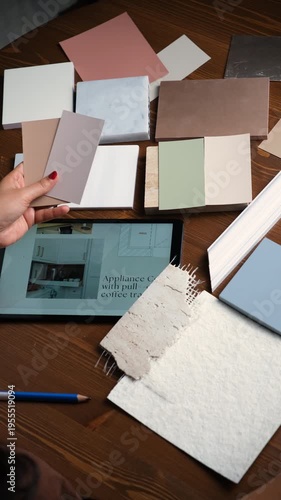 Client choosing paint color for interior renovation of home with color shade cards, fabric samples in designer's office