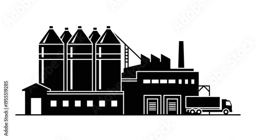 Industrial Factory Complex with Grain Silos and Transport Truck Silhouette Icon