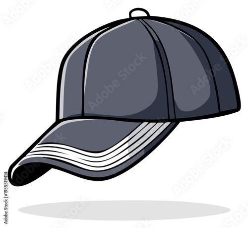 Gray baseball cap cartoon with white stripes. Illustration for sport or fashion.