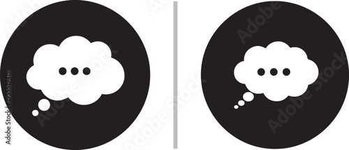 Two minimalist black circular icons featuring white cloud-shaped thought bubbles with ellipsis dots inside. Clean vector design representing thinking, dreaming, or digital chat communication.