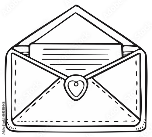 Hand drawn open envelope with letter inside and heart closure sketch