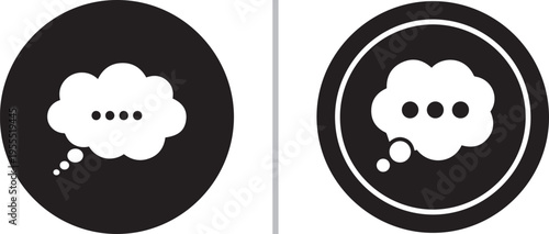 Minimalist vector icon set featuring white thought bubbles with ellipsis dots inside solid black circles, representing thinking, dreaming, or processing communication.
