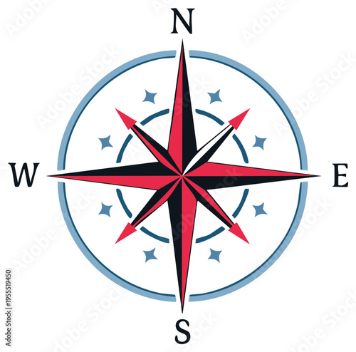 Red and black star compass illustration with north east south west directions