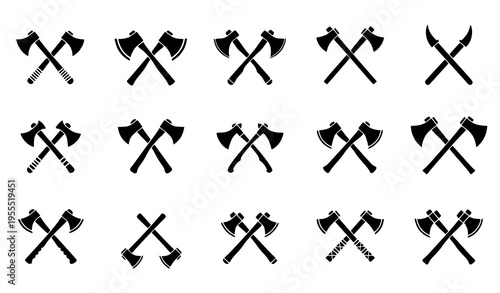 Crossed Axe Vector Set with Lumberjack Hatchet Icons, Black Silhouette Woodcutting Tools Collection for Forestry, Camping, Outdoor Equipment, and Survival Design