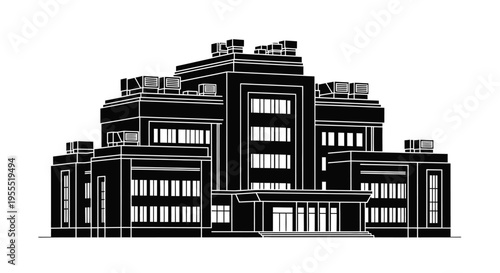 Modern Industrial Building Silhouette - Hospital Research Center and Corporate Office Architecture Vector Icon