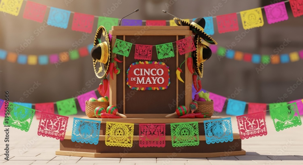 Obraz premium Cinco De Mayo Decorated Podium with Sombrero and Festive Banners