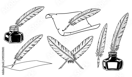 Vintage Quill Pen and Ink Vector Set with Hand Drawn Feather Writing Tools, Retro Calligraphy Collection for Antique Stationery, Literature, and Classic Design