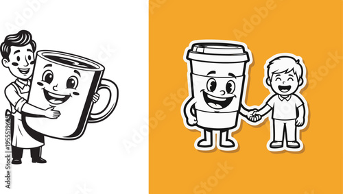 Cheerful vector set featuring a barista hugging a giant smiling coffee mug and a young man shaking hands with a friendly anthropomorphic coffee cup character.