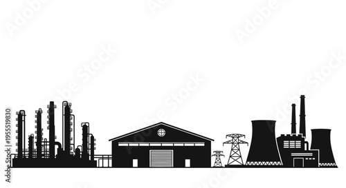 Industrial Factory Silhouette with Power Plant, Warehouse, and Electricity Pylons Vector Icon